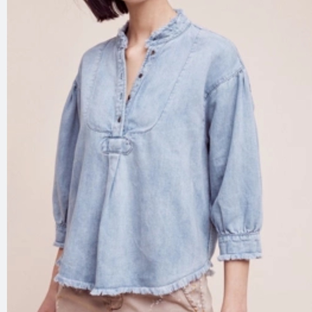 Anthropologie Holding Horses Frayed Denim Henley Size Medium - Picture 1 of 5